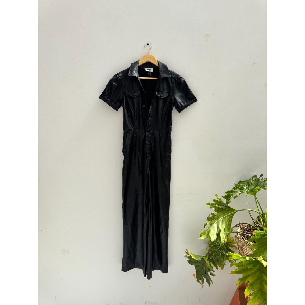 Paige Anessa Black Faux Leather Short Sleeve Jumpsuit Size 0 Wide Leg